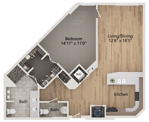 A floor plan of a house showing a bedroom, two bathrooms, a kitchen, and a living/dining area.